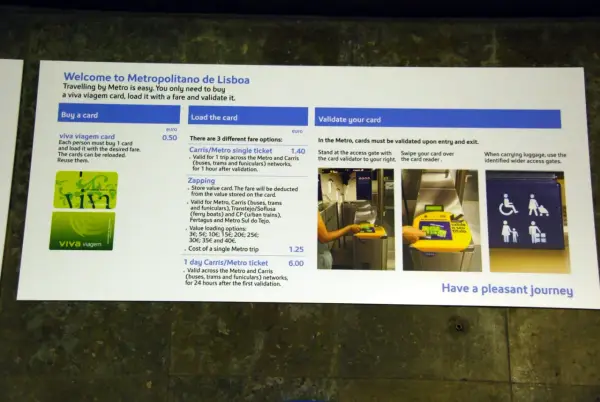 Informationen zum Kauf, Aufladen und Validieren einer "viva viagem card" für den öffentlichen Nahverkehr in Lissabon.