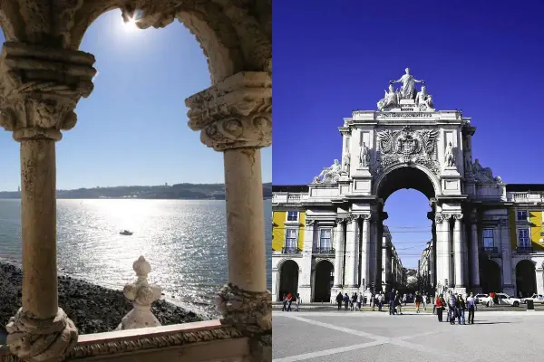 Zwei Ansichten von Lissabon: ein sonniger Blick auf das Meer durch einen steinernen Torbogen und der Triumphbogen Rua Augusta.