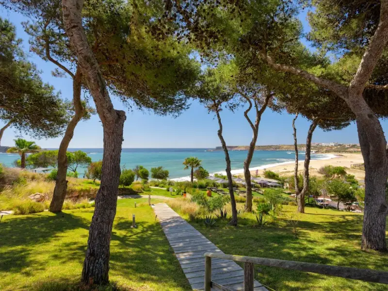 Holzweg führt zu einem sonnigen Strand in Pera, Portugal. Pinienbäume säumen den Weg zum türkisfarbenen Meer.