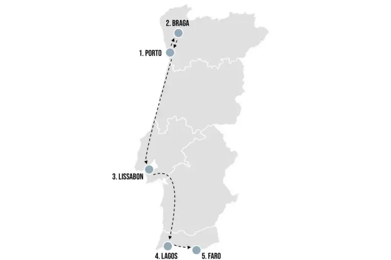 Karte von Portugal mit einer Route von Porto über Lissabon nach Faro. Die Frage "wie groß ist Portugal" wird durch die Darstellung der Reise von Nord nach Süd beantwortet.